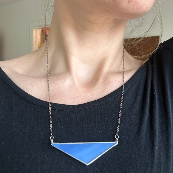 Royal Blue Stained Glass + 926 Sterling Silver Triangle Statement Necklace - Picture 5 of 8